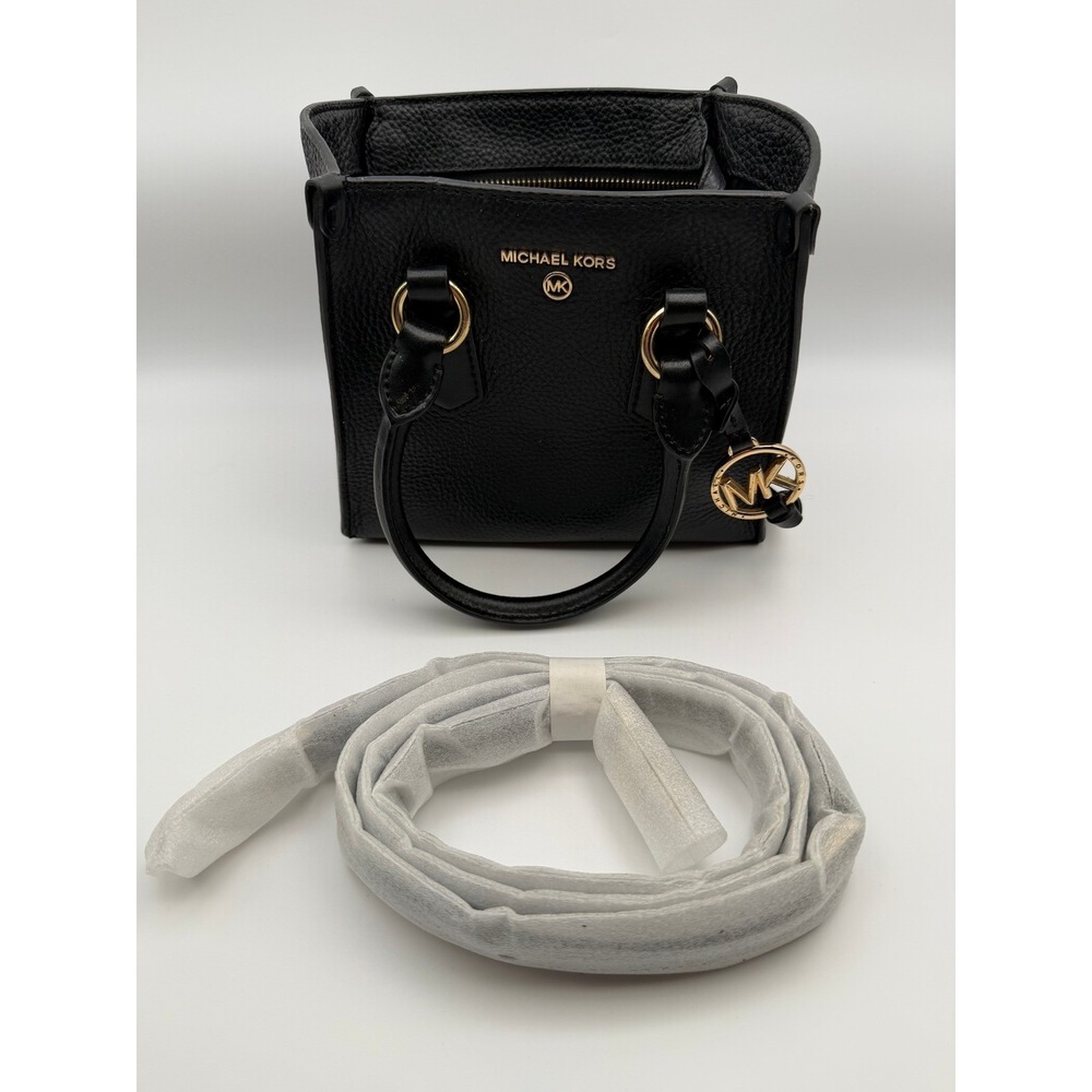 Michael Kors Black Pebbled Leather Small Satchel Crossbody Handbag Gold Hardware